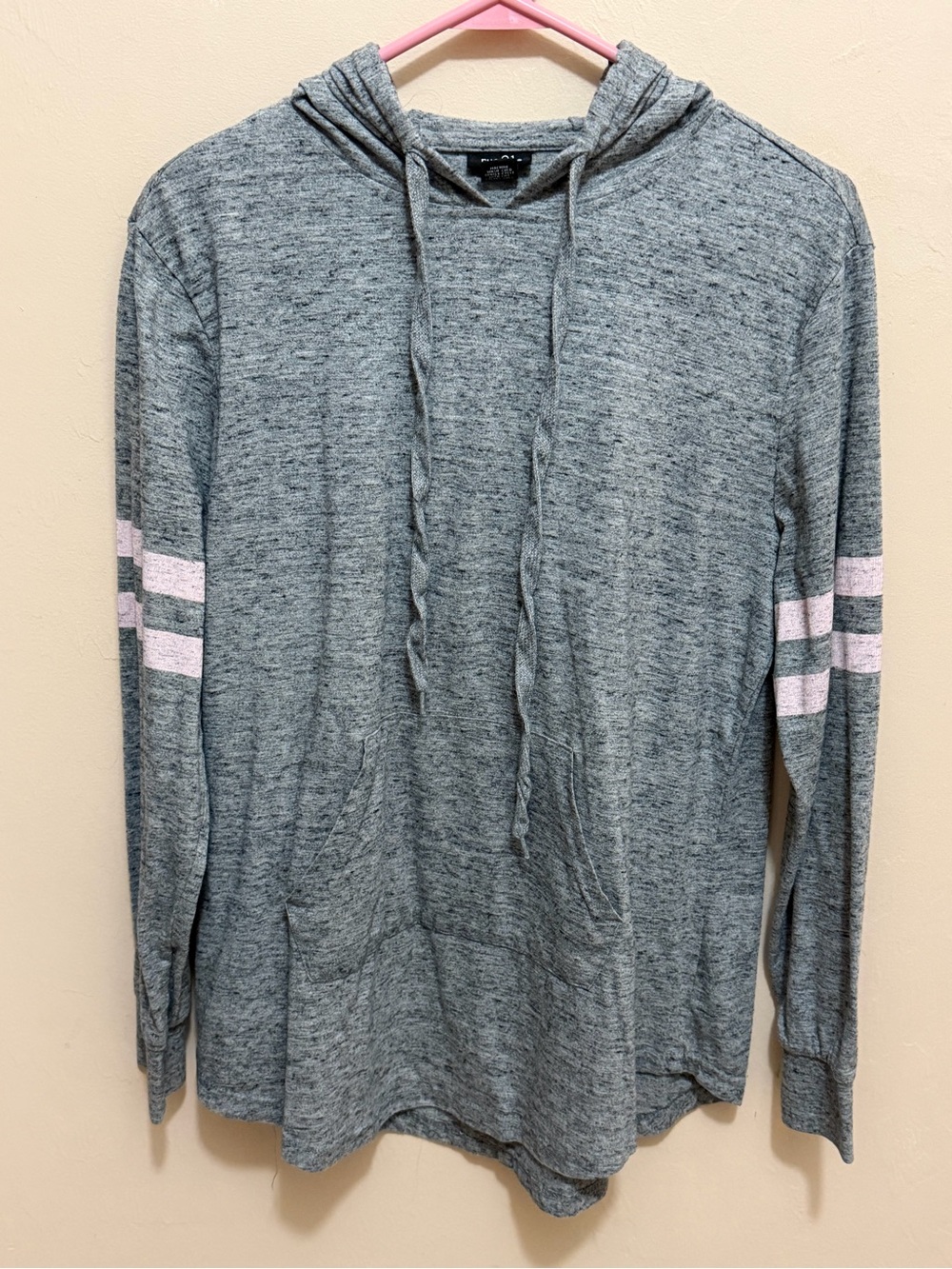 Rue21 Gray Hooded Long-Sleeve Shirt with Pink Sleeve Stripes